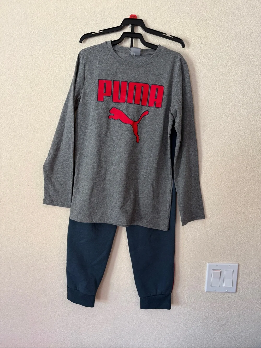 Puma Kids Gray Top with Red Logo & Navy Pants Pajama Set